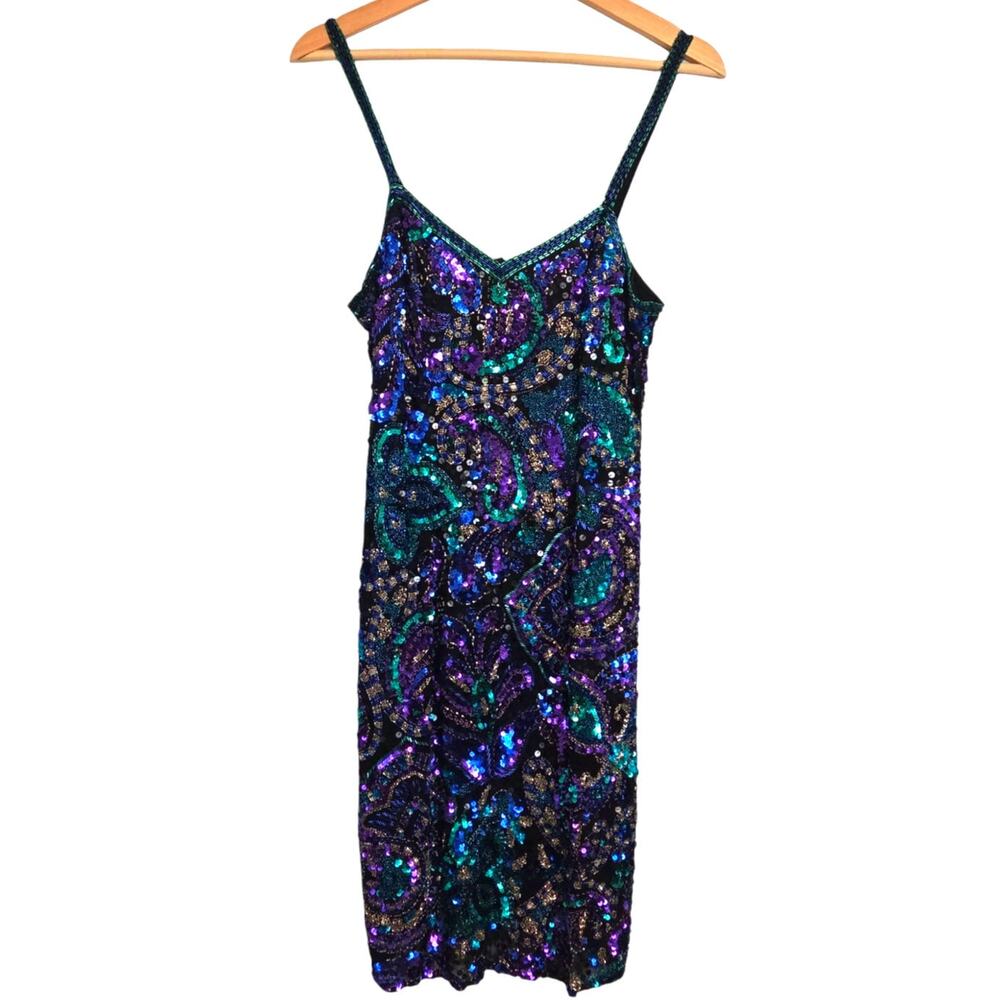 Vintage 90s Niteline Silk Sequin Beaded Dress Luxury Weight Peacock Glam Sz 10